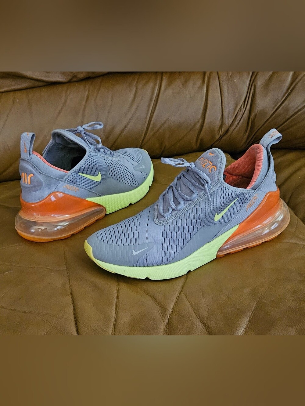 Men's Nike Air Max 270 Sneakers in Gray with Lime and Orange Accents Size 9